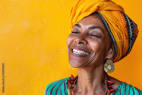 African American woman in turban traditional clothes laughing over color solid background. ai generative