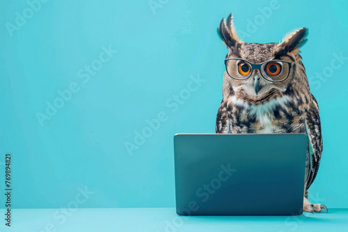 A owl with glasses and a surprised look on her face is looking at a laptop on solid blue background. ai generative
