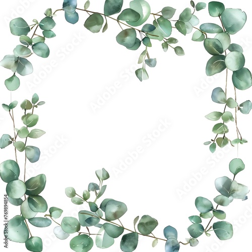 Eucalyptus leaves frame in shades of green, designed for a minimalist, watercolor-style wedding invitation.