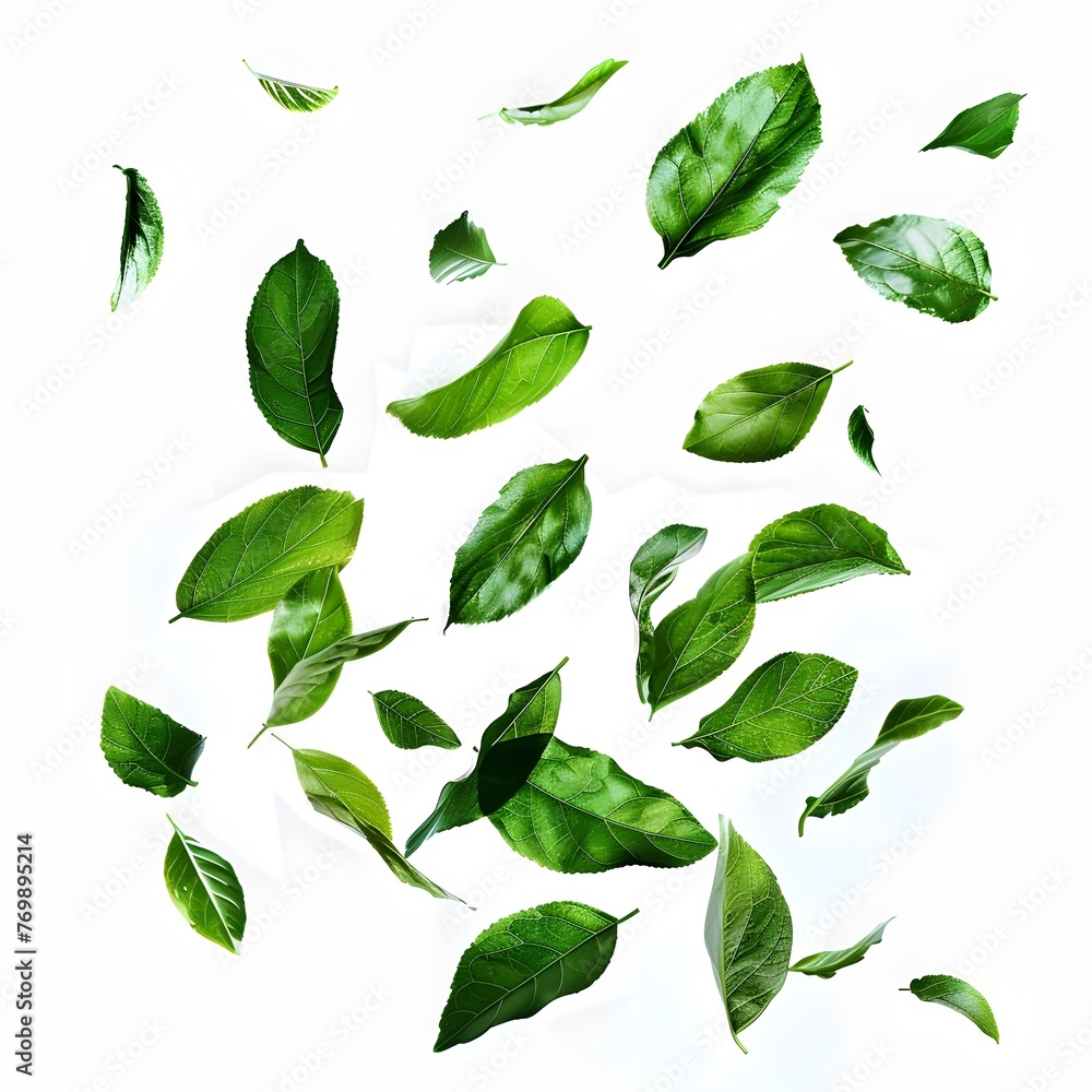 Whimsical dancing green leaves on a transparent background, inspired by the concept of healthy and organic natural products.