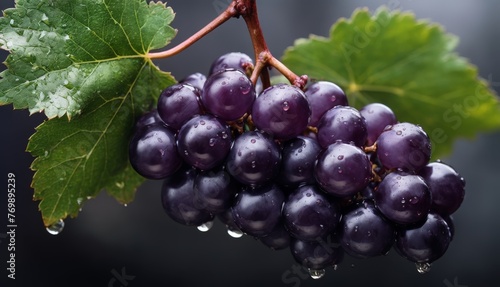   A zoomed-in image of several grapes hanging from a vine, surrounded by green foliage and droplets of water on the leaf tips