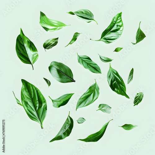 Whimsical dancing green leaves on a transparent background, inspired by the concept of healthy and organic natural products.