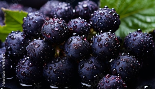  Close-up of blackberries with droplets of water and a green leaf in the background