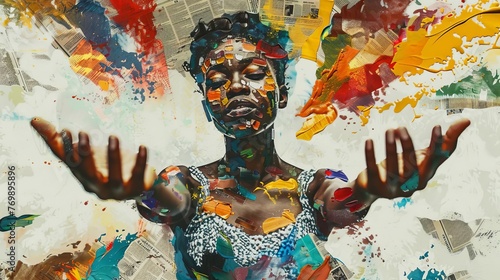 African Woman with Open Hands, Graffiti Collage of Newspapers and Colorful Paint Splashes, Mixed Media Illustration
