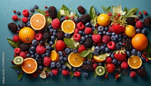   Oranges, raspberries, and kiwis are artfully arranged on a blue surface as a bountiful display of fresh fruit © Viktor