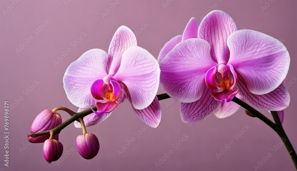 Fototapeta premium A close-up of two pink orchids on a stem against a pink background is a stunning pink wallpaper