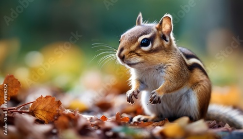   A tiny squirrel perched on its hind legs amidst a mound of leaves  eyes fixed curiously upon the camera