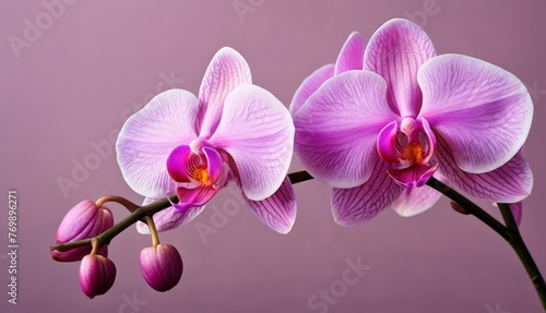  A close-up of two pink orchids on a stem against a pink background is a stunning pink wallpaper