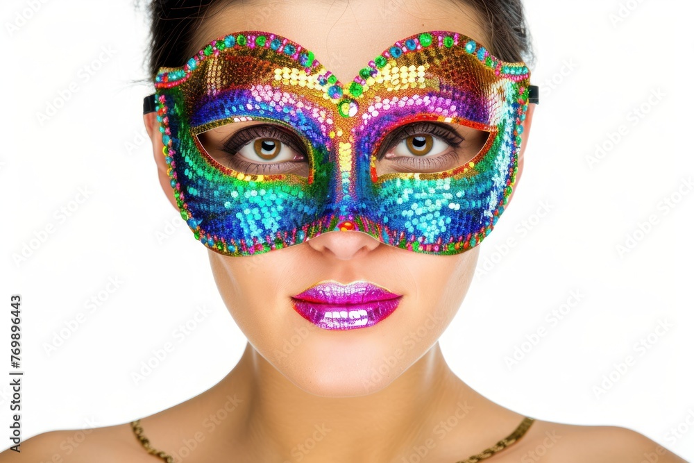 Pretty woman wearing a colorful carnival mask isolated on white background. ai generative