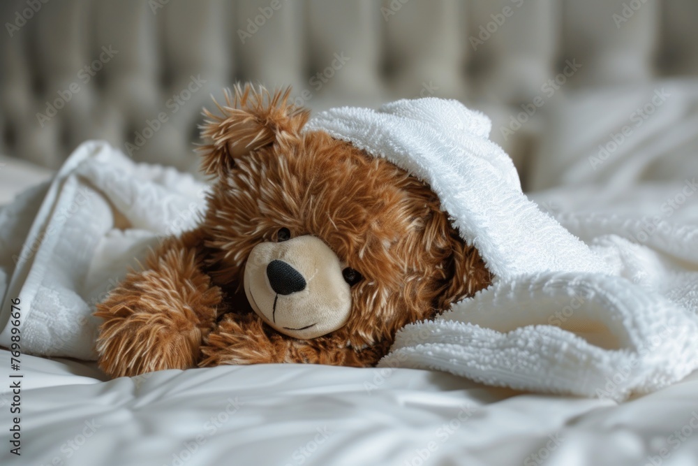 Teddy bear laying in bed and feeling sick. ai generative