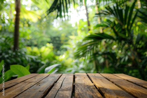 Table top wood counter floor podium in nature outdoors tropical forest blurred jungle plant background. ai generative