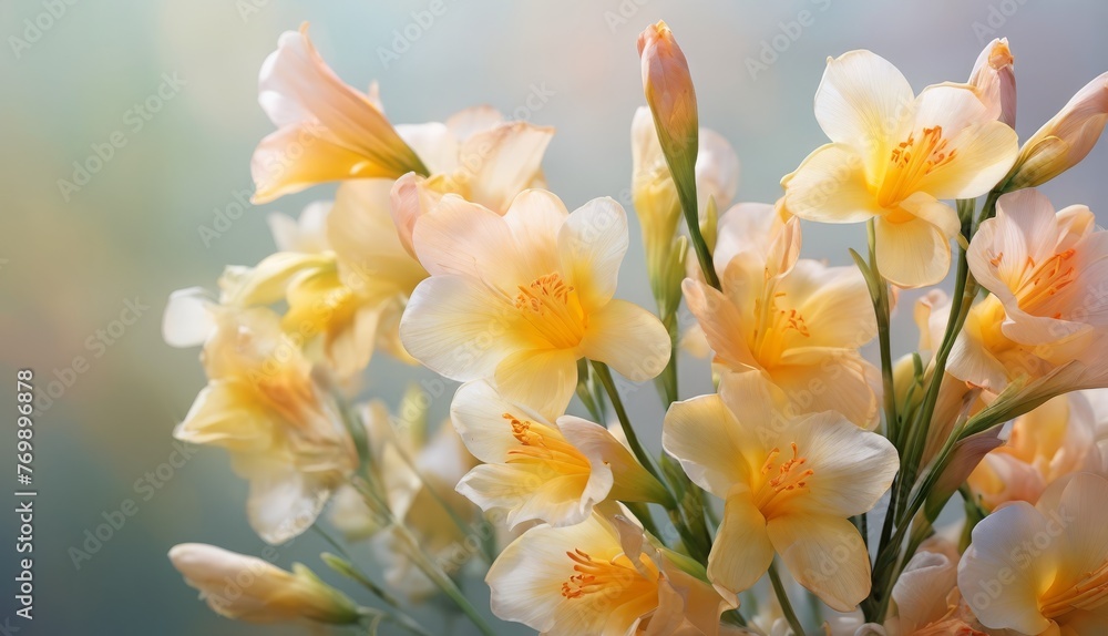 A high-focus image of numerous vibrant blossoms against a soft blur of yellow and white flora in the backdrop A high-focus image of numerous vibrant blossoms against a soft blur of yellow and white flora in the backdrop