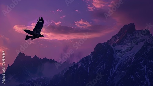 Twilight Majesty: Eagle soars high as day gives way to a symphony of sunset hues. photo
