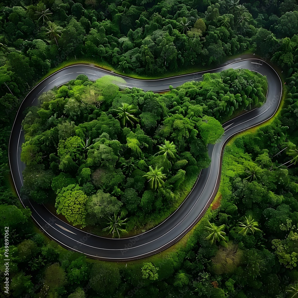 Aerial top view of a beautiful, curvy road through a green forest during the rainy season.