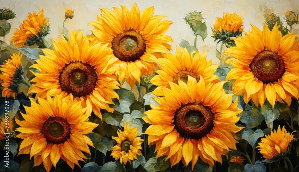 A painting of sunflowers with green leaves and a white wall in the background A painting of sunflowers with green leaves and a white wall in the background