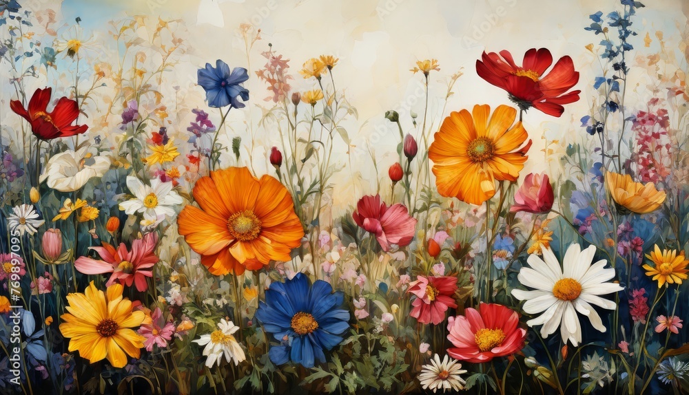 Fototapeta premium A painting of wildflowers and daisies in a blue sky with clouds in the background