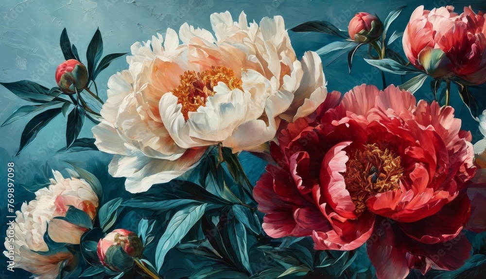 custom made wallpaper toronto digital A stunning artwork depicts delicate pink and white peonies against a serene blue backdrop, featuring lush foliage beneath the flowers' elegant blooms