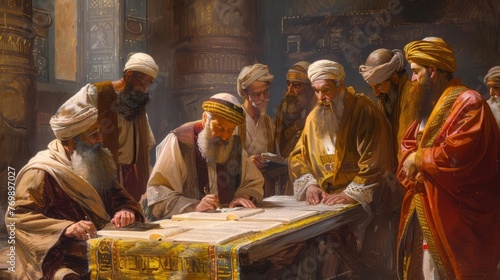 Antique painting of Jewish scribes and rabbis copying sacred Holy Scriptures in ancient Constantinople, historical illustration photo