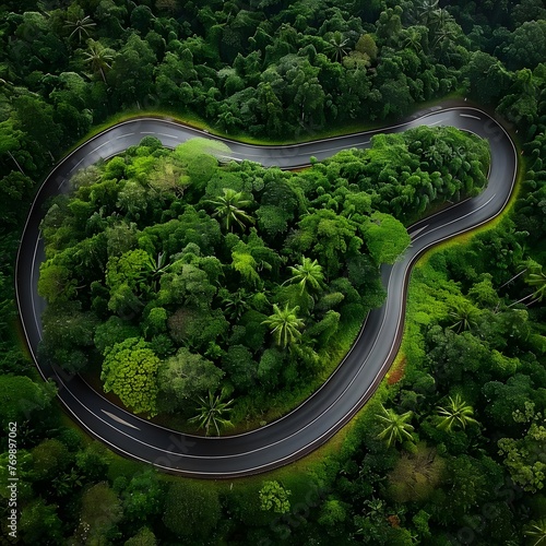 Aerial top view of a beautiful, curvy road through a green forest during the rainy season. © Hasanul