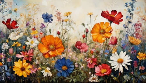  A painting of wildflowers and daisies in a blue sky with clouds in the background