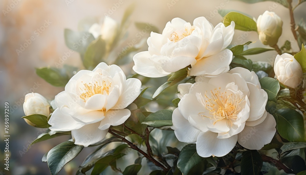 Fototapeta premium White flower with green leaves in sharp focus, surrounded by a soft blurry background