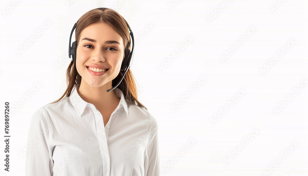 Friendly Customer Support Representative with Headset Over White Background Friendly Customer Support Representative with Headset Over White Background
