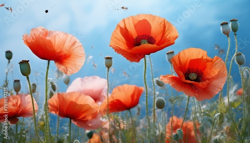   A vibrant orange flower field thrives beneath a cerulean sky  hosting a bee in flight