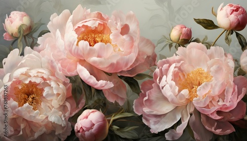  Pink peonies with green leaves and red buds on a gray background surrounded by a yellow center