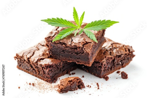 Delicious cannabis brownie garnished with marijuana leaf on top Isolated on solid white background. ai generative