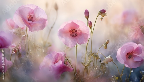   Pink flowers in green grass with blurred grass and flower background © Viktor