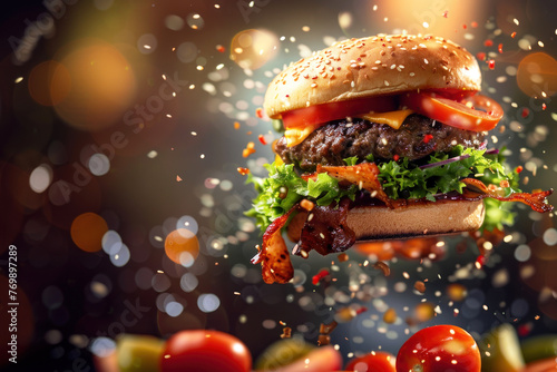 delicious hamburger with flying ingredients blured background. ai generative