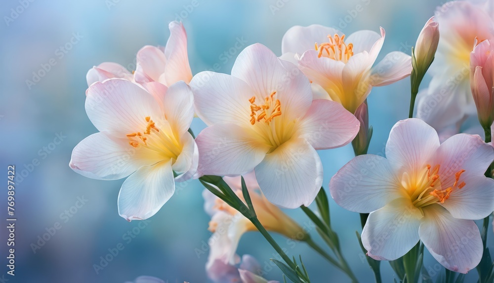   A field of pink and yellow flowers against a blue and white backdrop, with a slightly blurred image of the blossoms in the distance