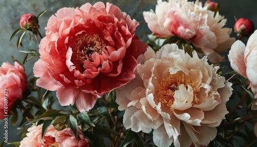 Wallpaper Mural   A bouquet of pink and white peonies against a green backdrop, set on a dark wall with a gray background Torontodigital.ca