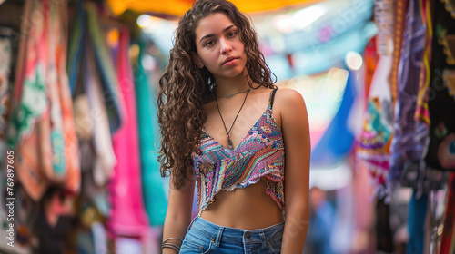 Curly-haired young woman wearing a bohemian top at a lively outdoor market with colorful textiles. 