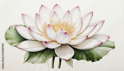   A painting of a white and pink flower with green leaves at the base and a yellow center in the middle