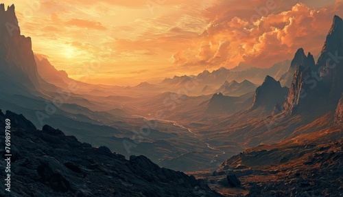  A painting depicts a majestic mountain range with a winding river flowing in its midst, as a stunning sunset with fluffy clouds fills the horizon