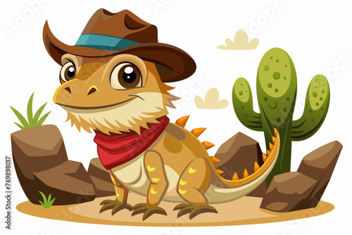 Cute Bearded Dragon wearing a cowboy hat On a rock under a cactus , high detail, white background