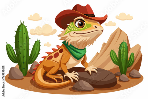 Fototapeta Naklejka Na Ścianę i Meble -  Cute Bearded Dragon wearing a cowboy hat On a rock under a cactus , high detail, white background