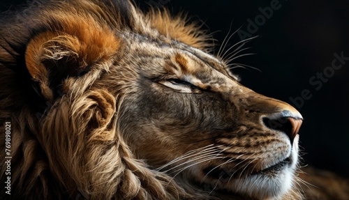  A photo captures a lion's face at close range, with its eyes shut and mane billowing due to the breeze