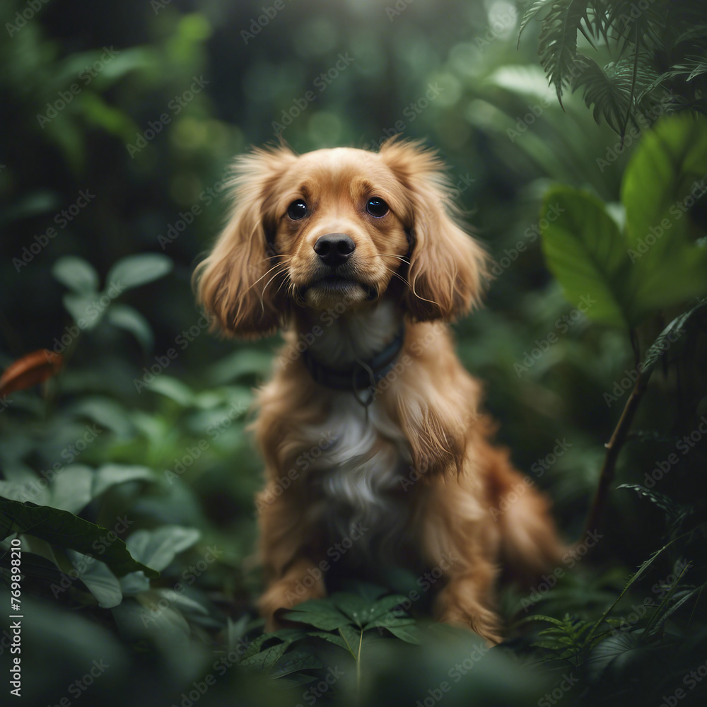 background illustration of a cute dog in the middle of the forest