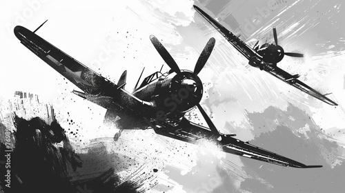 Black and white vintage World War 2 military airplanes illustration