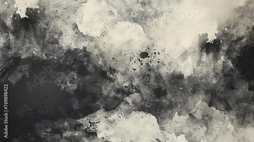 Black watercolor abstract background with ink brush strokes and washes on textured vintage paper photo