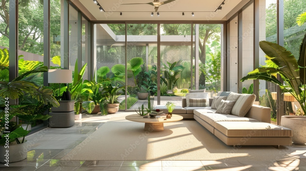 Bright and Modern Garden Room Interior with Large Windows and Lush Greenery, Architectural Photography