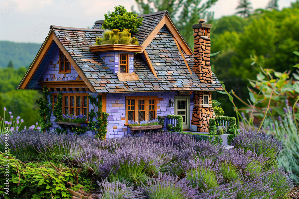 A whimsical craftsman-style miniature house with a lavender exterior and a rooftop garden, nestled within a peaceful countryside setting.