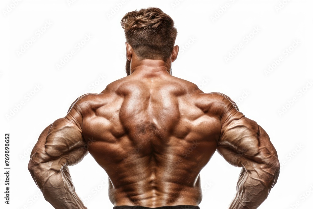 Fototapeta premium Muscular bodybuilder guy back over white background