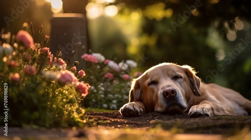 Dog laying down, head on paws, by a flowercovered grave, soft evening light, tranquil, loyal vigil photo