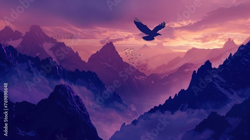 Twilight Majesty: Eagle soars high as day gives way to a symphony of sunset hues. photo