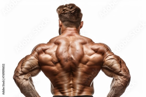 Muscular bodybuilder guy back over white background