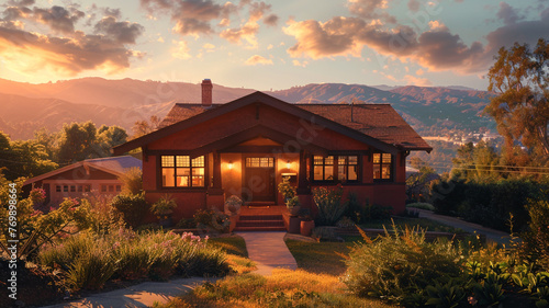 Dawn's early hues lighting up a coral Craftsman style house, the surrounding suburban landscape bathed in the gentle morning light, peaceful and quiet
