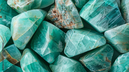 Top-down view of a heap of cut and polished turquoise stones, highlighting the unique patterns and colors